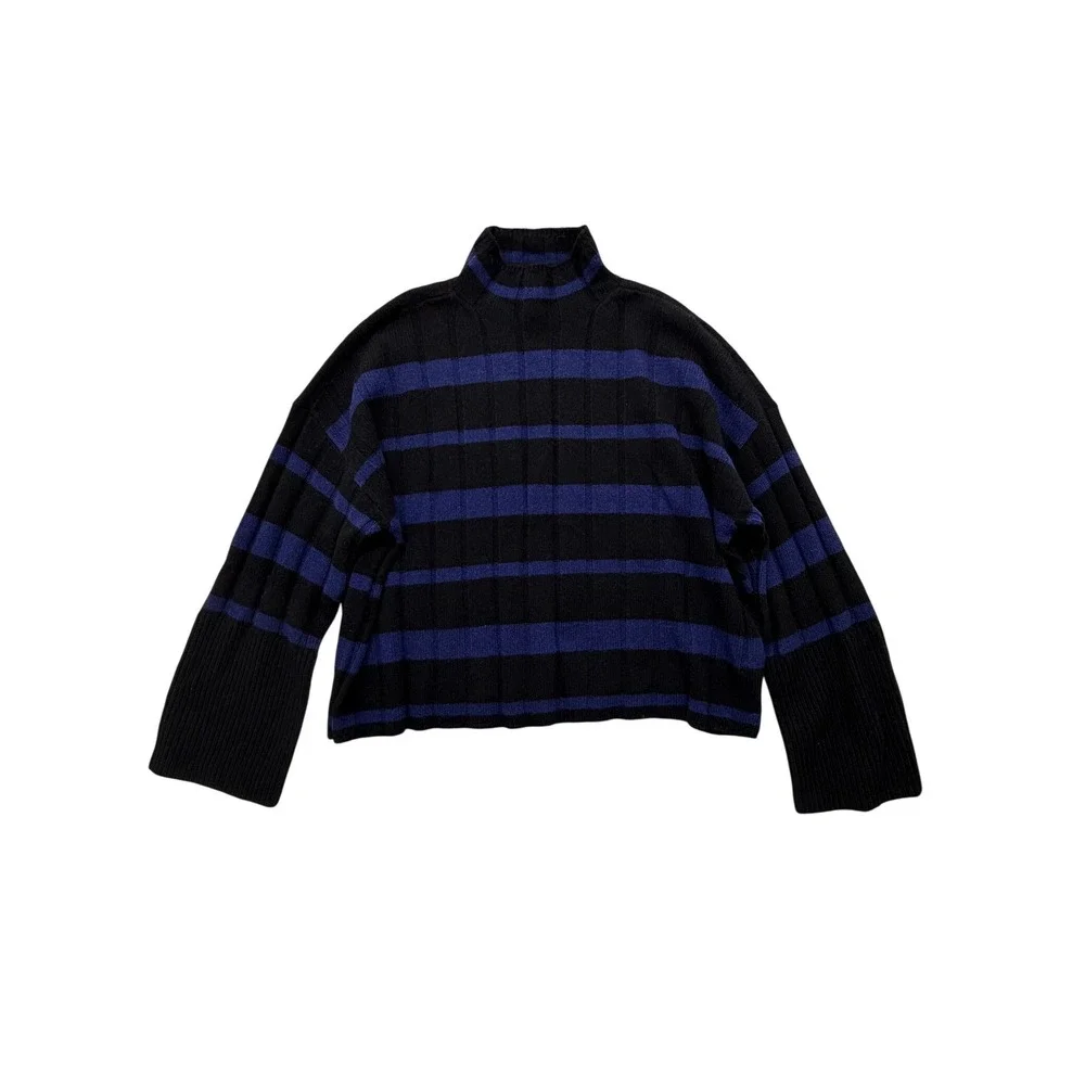 Madewell Recycled Cashmere Wool Blend Striped Mock Neck Sweater Black Blue M
